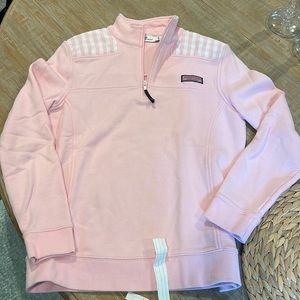 Vineyard vines, pink w gingham check trim ladies pull over quarter zip